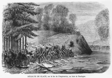 Colheita de gelo no lago Imperatriz no Bois de Boulogne em Paris, ilustração de &39;Le Journal Illustre&39;, 13 de fevereiro de 1870